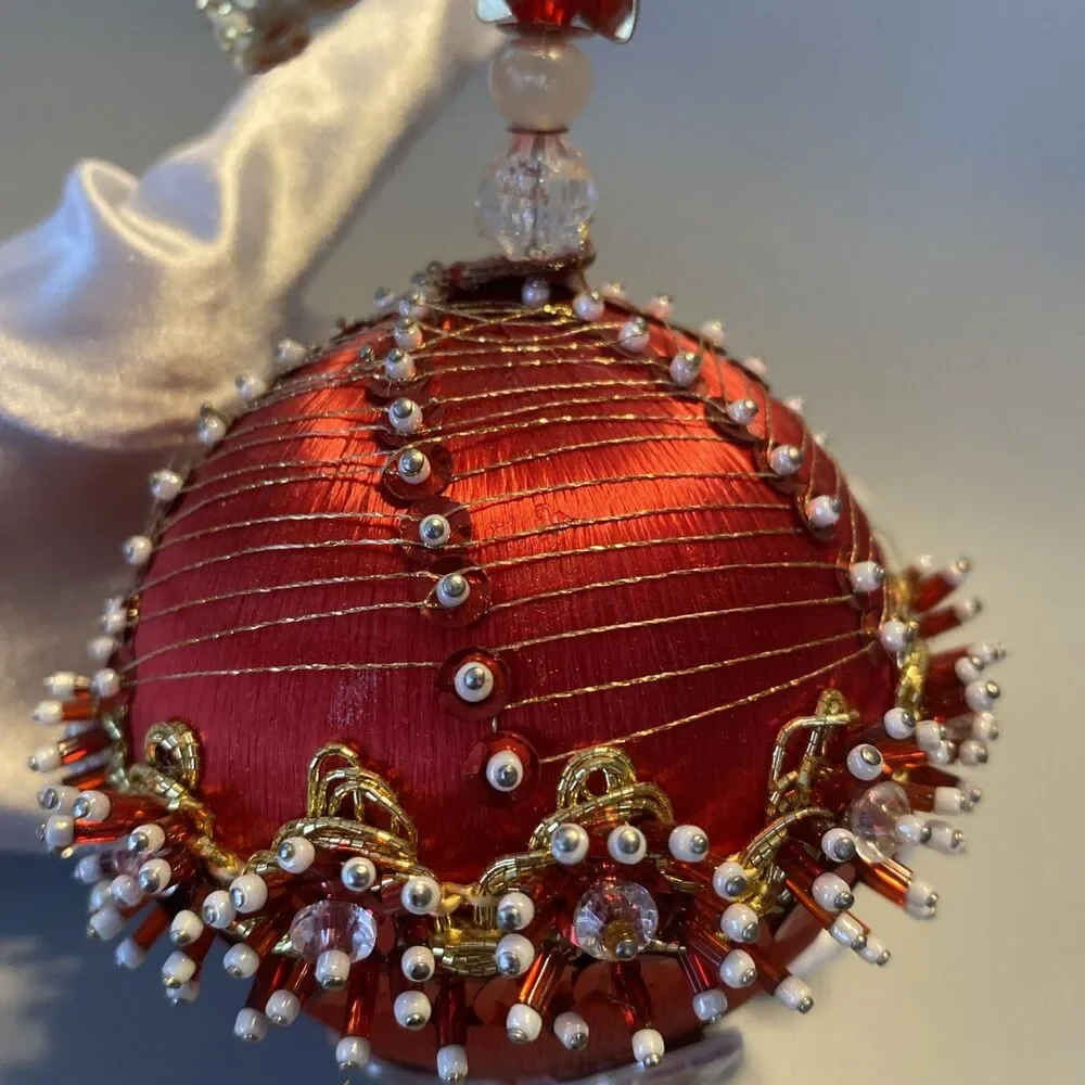 Vintage Christmas Red Gold Beaded Push Pin Ornate Ball Ornament Large Handmade